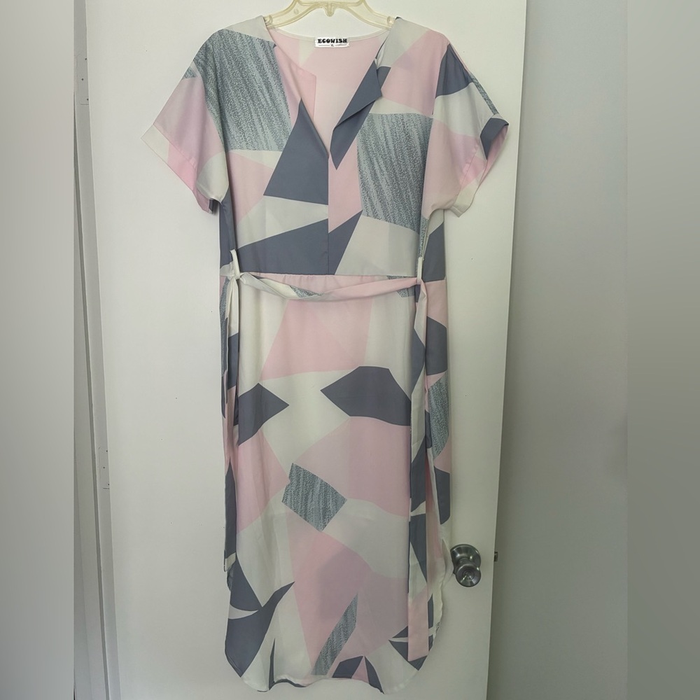 Pink and Gray Geometric Midi Dress